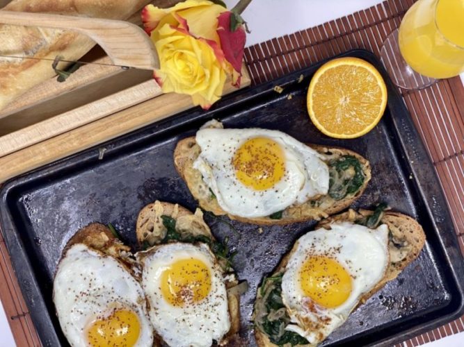 crostinis with eggs cheese and camelina