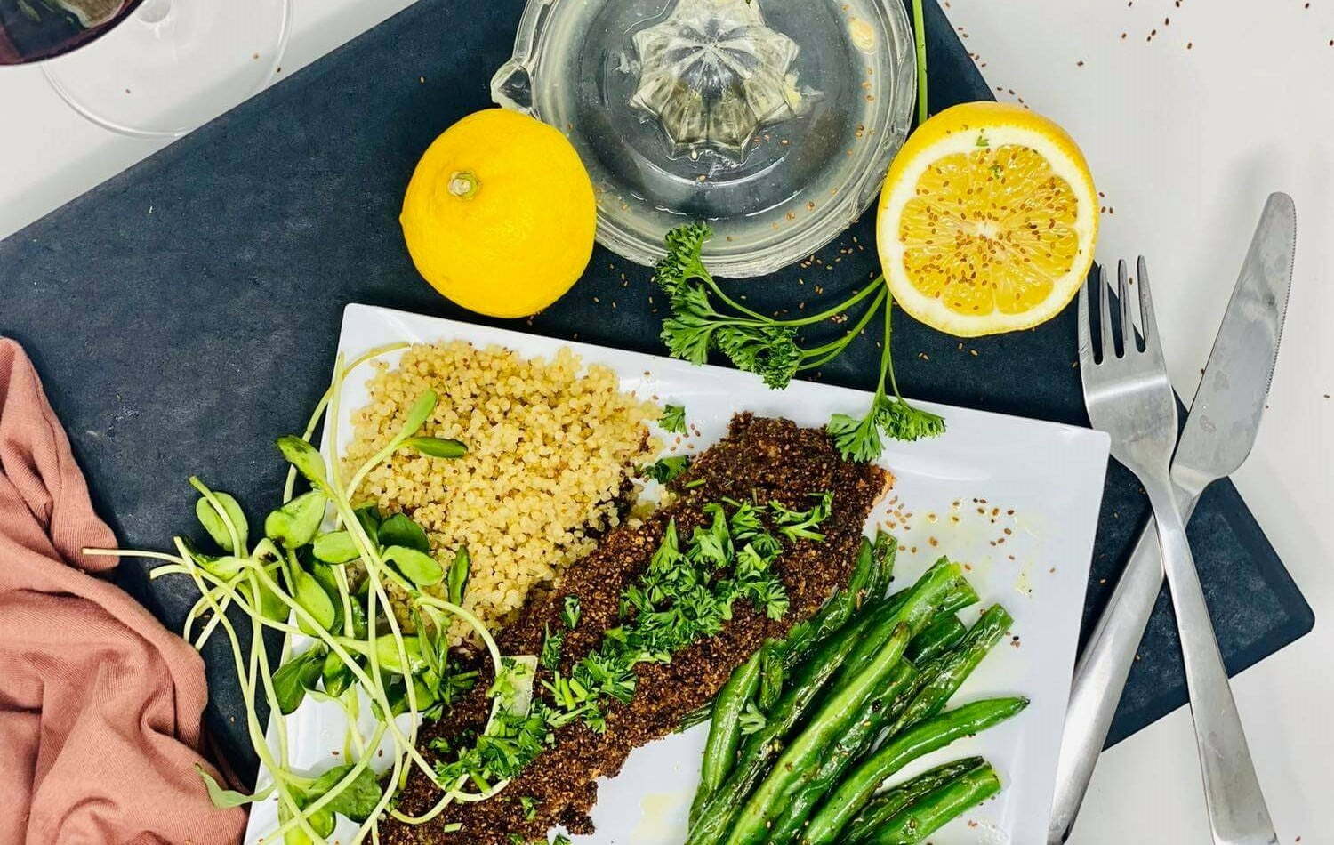 Saumon en croûte de graines de caméline et citron