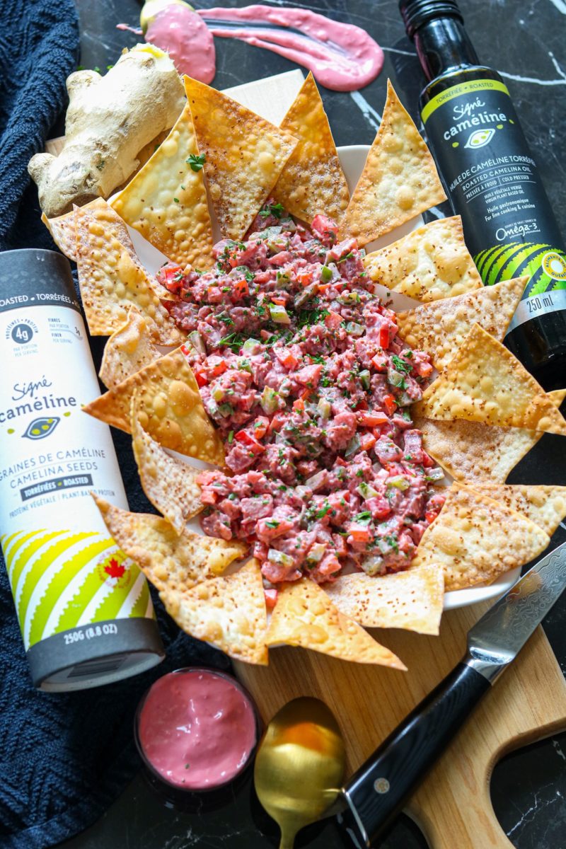 tartare thon betterave à la cameline chips wonton