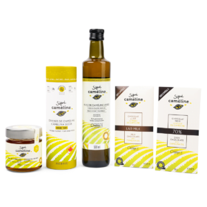 Coffret signé caméline huile miel graines nature et chocolat