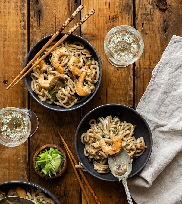 nouilles shanghai crevettes légumes et caméline